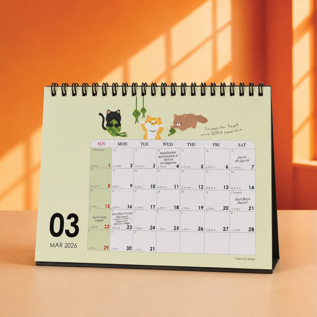 Landscape desk calendar with wire binding showing a monthly calendar page