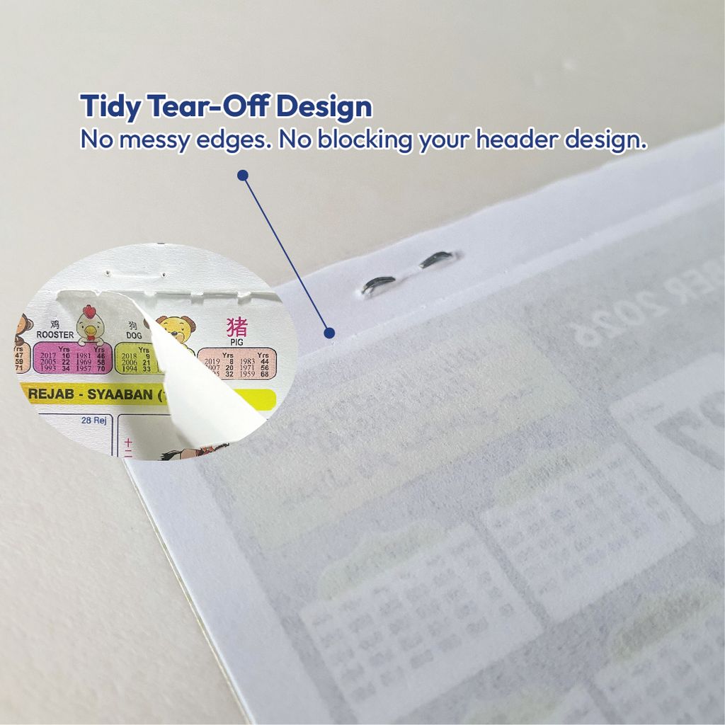 Tidy tear off perforation on wall calendar keeps header intact