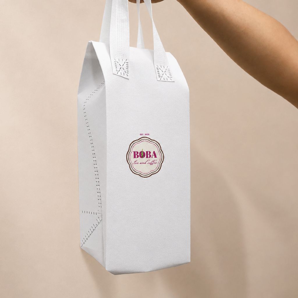 custom printed white thermal cooler bag held by hand
