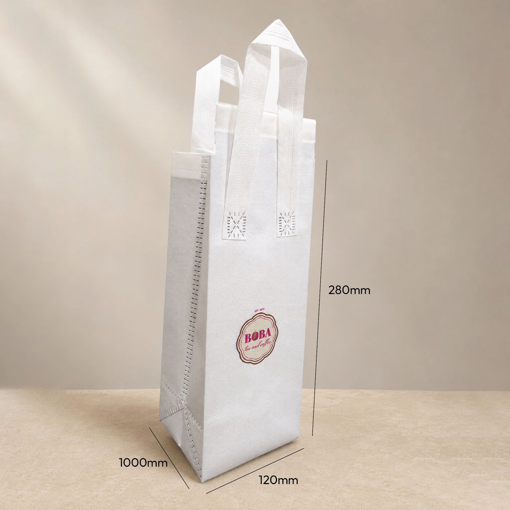 small white non-woven thermal cooler bag with printed logo and size reference