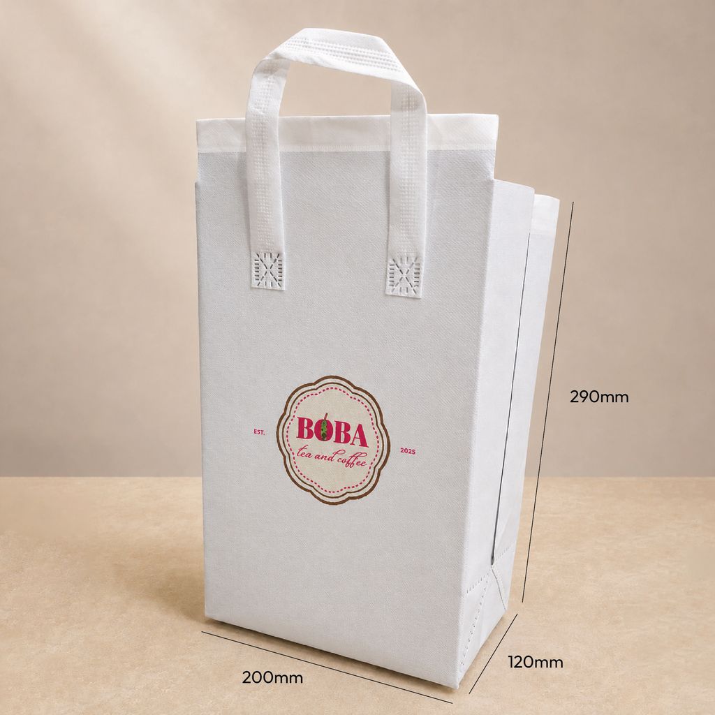 large white non-woven thermal cooler bag with printed logo and size reference