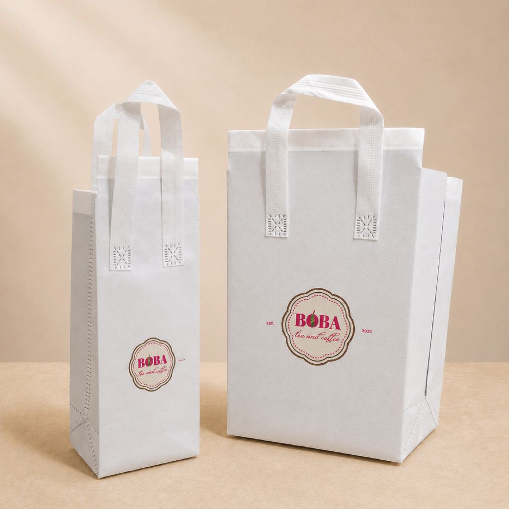 two sizes of custom printed white non-woven thermal cooler bags with logo