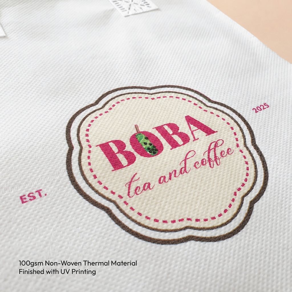 close-up of UV printed logo on 100gsm non-woven thermal cooler bag material