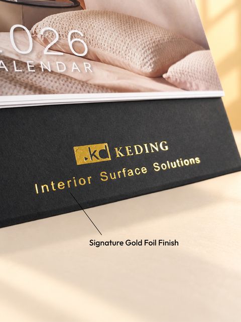 gold foil hot stamping logo detail on hard stand desk calendar base