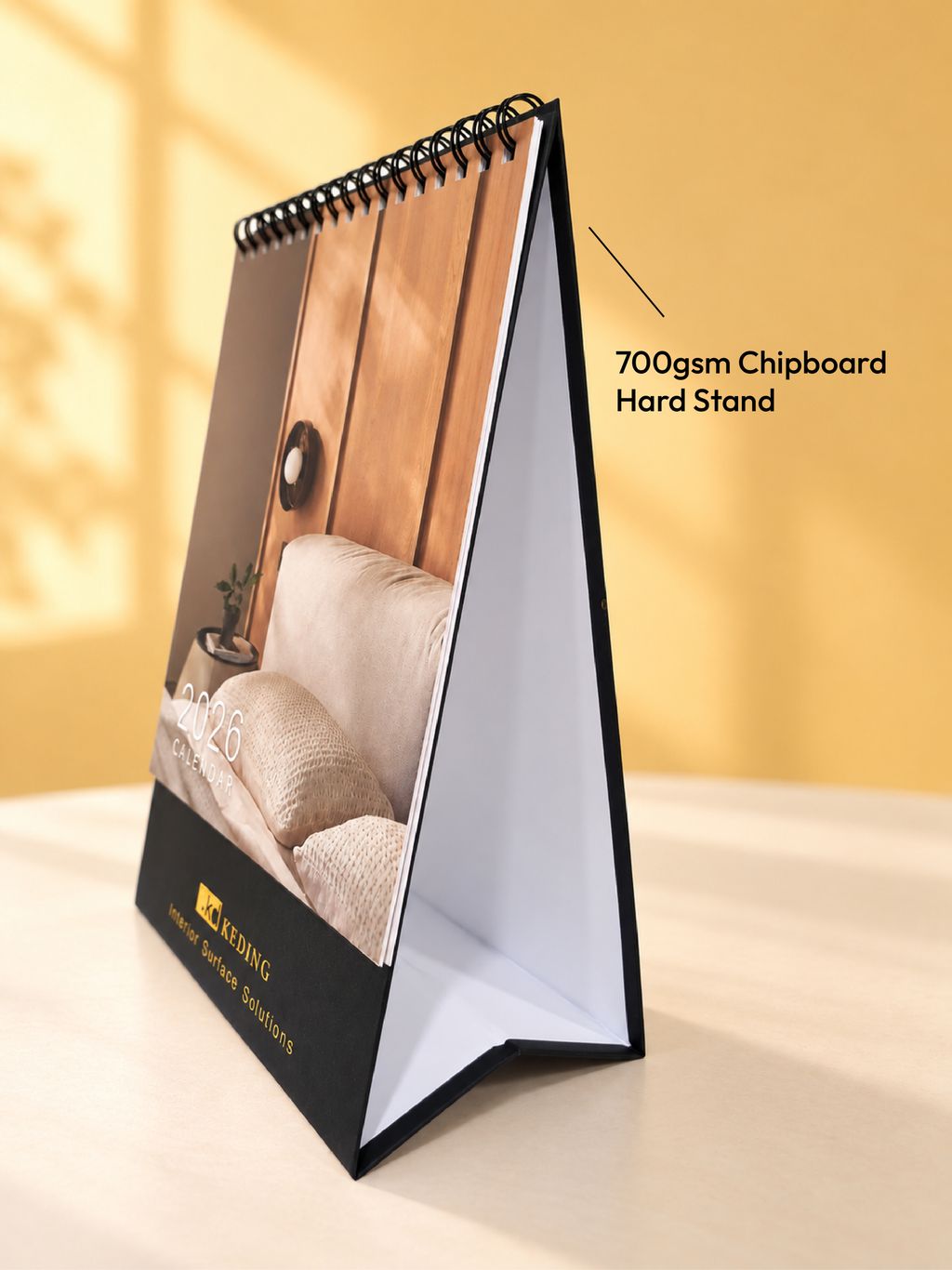 side view of hard stand desk calendar with 700gsm chipboard stand