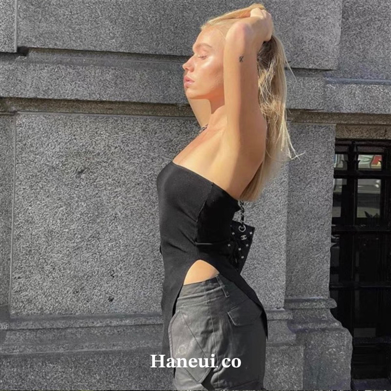 Haneui chic 系列·不規則開衩薄針織平口上衣（2colors）