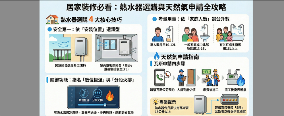 2026 買新房了嗎？天然瓦斯熱水器安裝選購技巧（含全省天然公司申請瓦斯表官網）