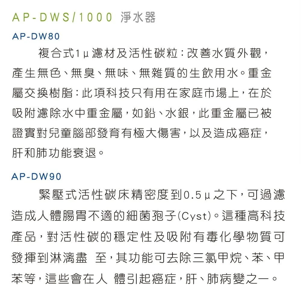 Yaffle 亞爾浦 AP-DWS1000 家用櫥下型生飲淨水器 產品介紹