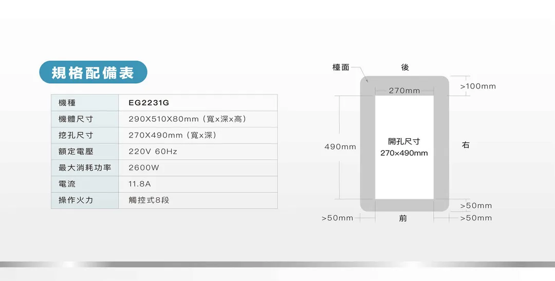 櫻花 SAKURA EG2231G 單口IH感應爐 規格與開孔尺寸