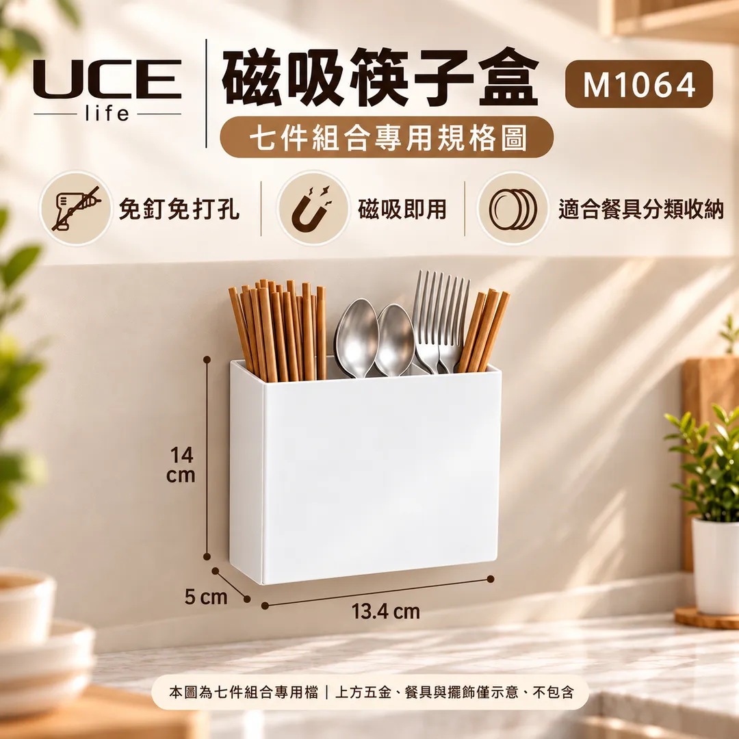 【UCE】日本磁吸廚房收納7件組｜免釘免打孔 磁吸即用（瀝水碟架＋碗架＋置物架＋刀板架＋筷子盒＋砧板架＋A5鏡）UCE-MK07-W