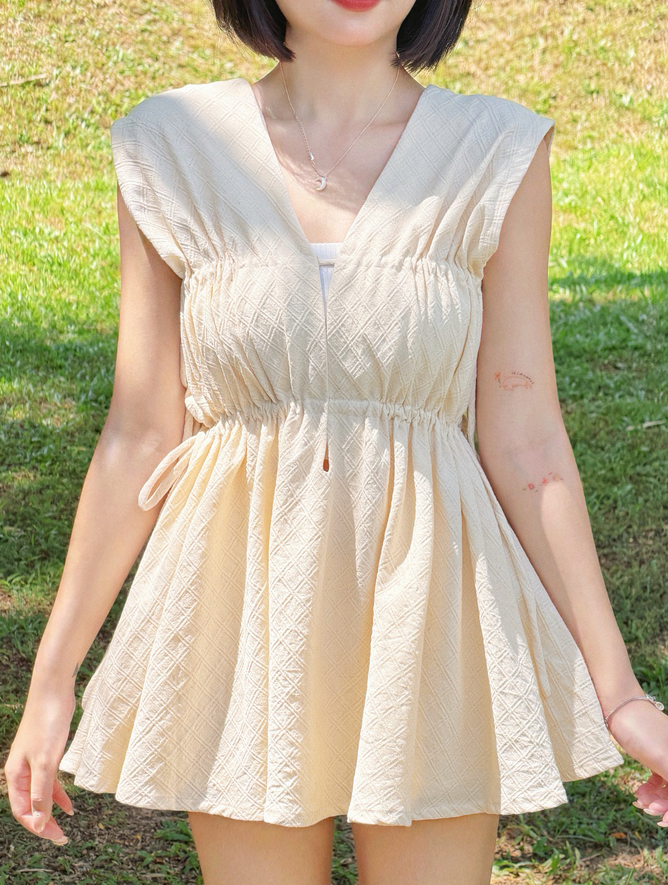Himawari-website-Drawstring-Ruched-Mini-Dress-beige-9