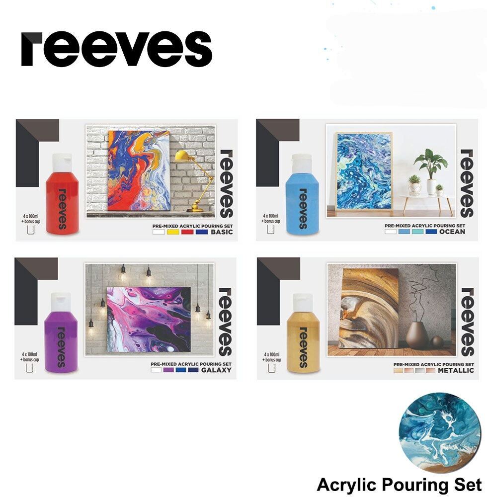 Reeves Acrylic Colouring Paint Pre-Mix Pouring Medium Basic Ocean Galaxy Metallic Autumn Paisley Jewel Magnolia