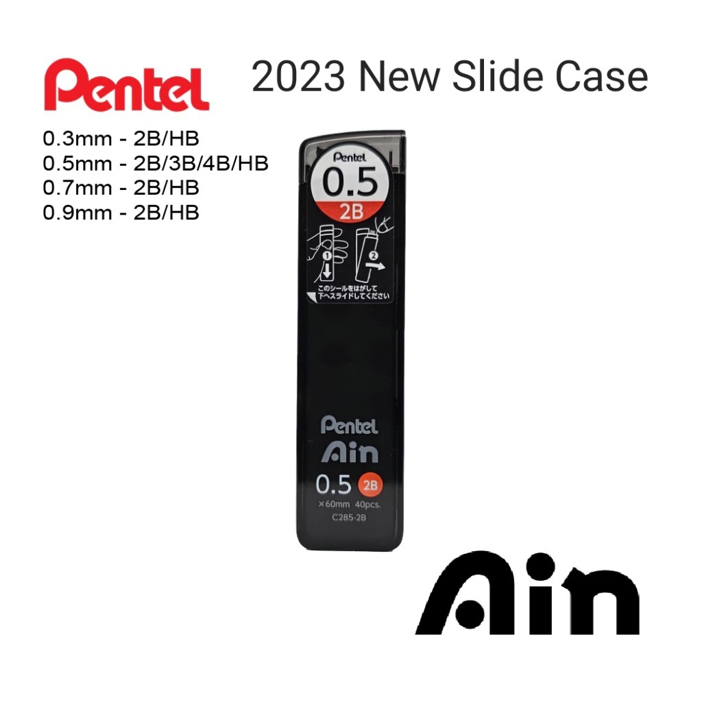 Pentel Ain Stein Pencil Lead 0.3 / 0.5 / 0.7 / 0.9 MM - HB / B / 2B / 3B / 4b New 2023 Slide Case