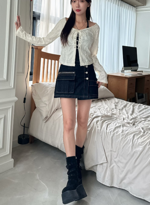 🇰🇷 優情柔韻設計滿滿原色口袋牛仔褲裙