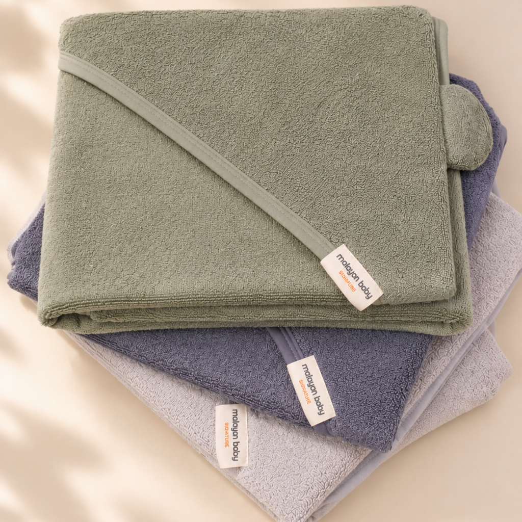 Malayan Baby Signature bamboo cotton terry hooded towels in Sage Green, Azure Blue and Stone Grey