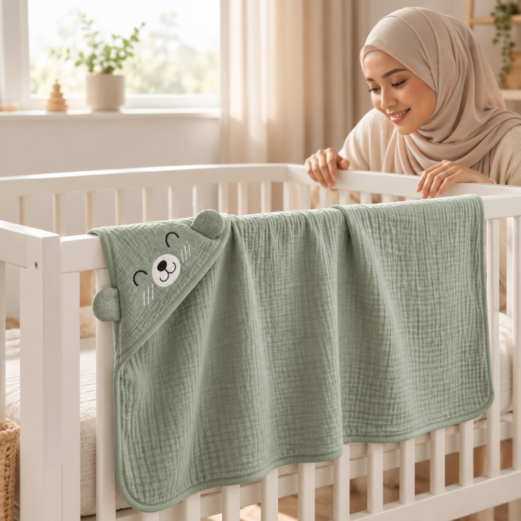 sage-green-bear -hooded-towel-cot