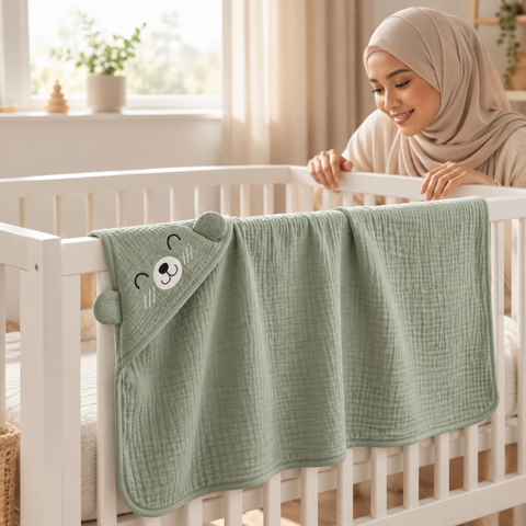 sage-green-bear -hooded-towel-cot