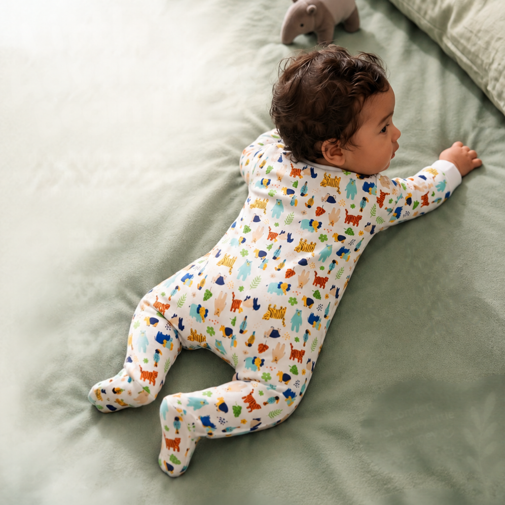 baby wearing jungle jamboree sleepsuit