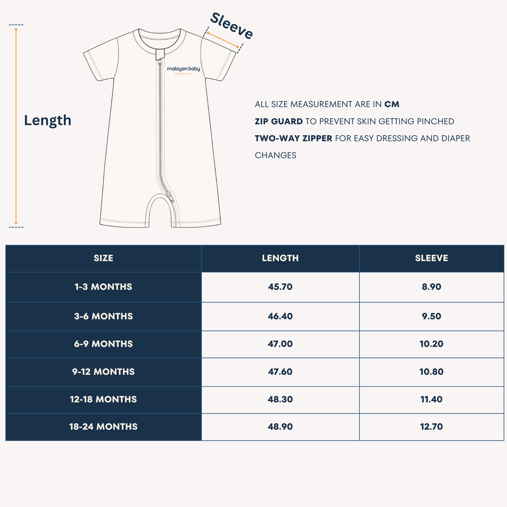 Malayan Baby Signature Zip Up Romper Size Chart