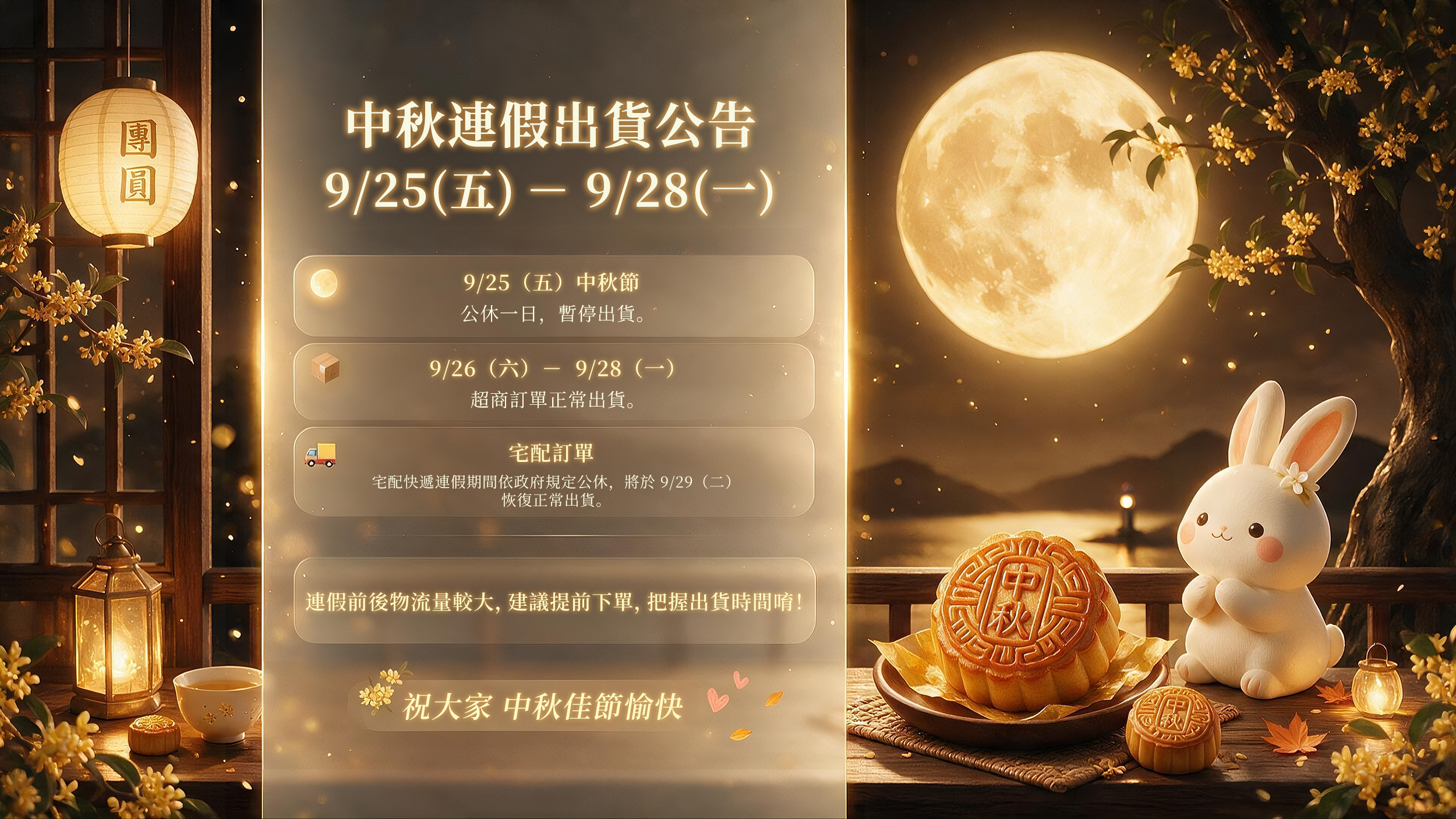 中秋連假出貨公告
