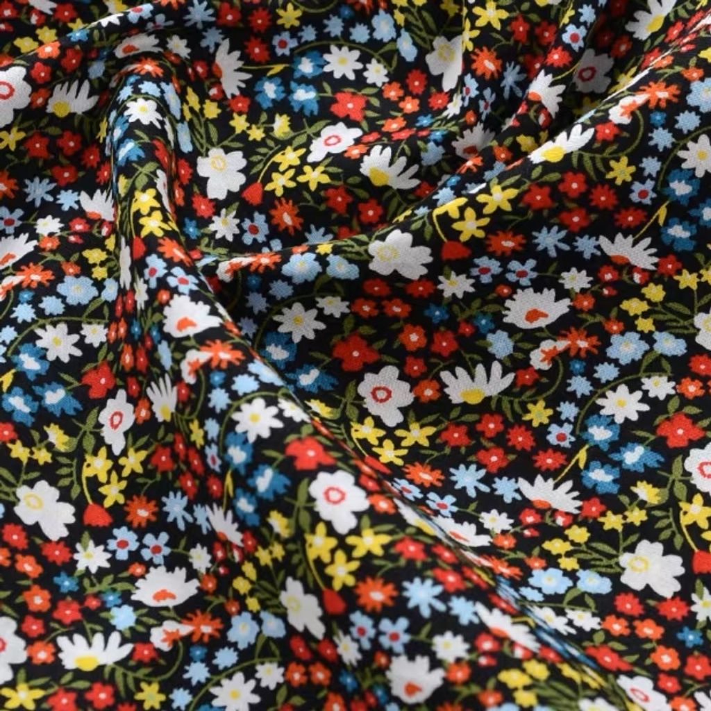 2M Red White Floral Black Poplin Cotton Fabric
