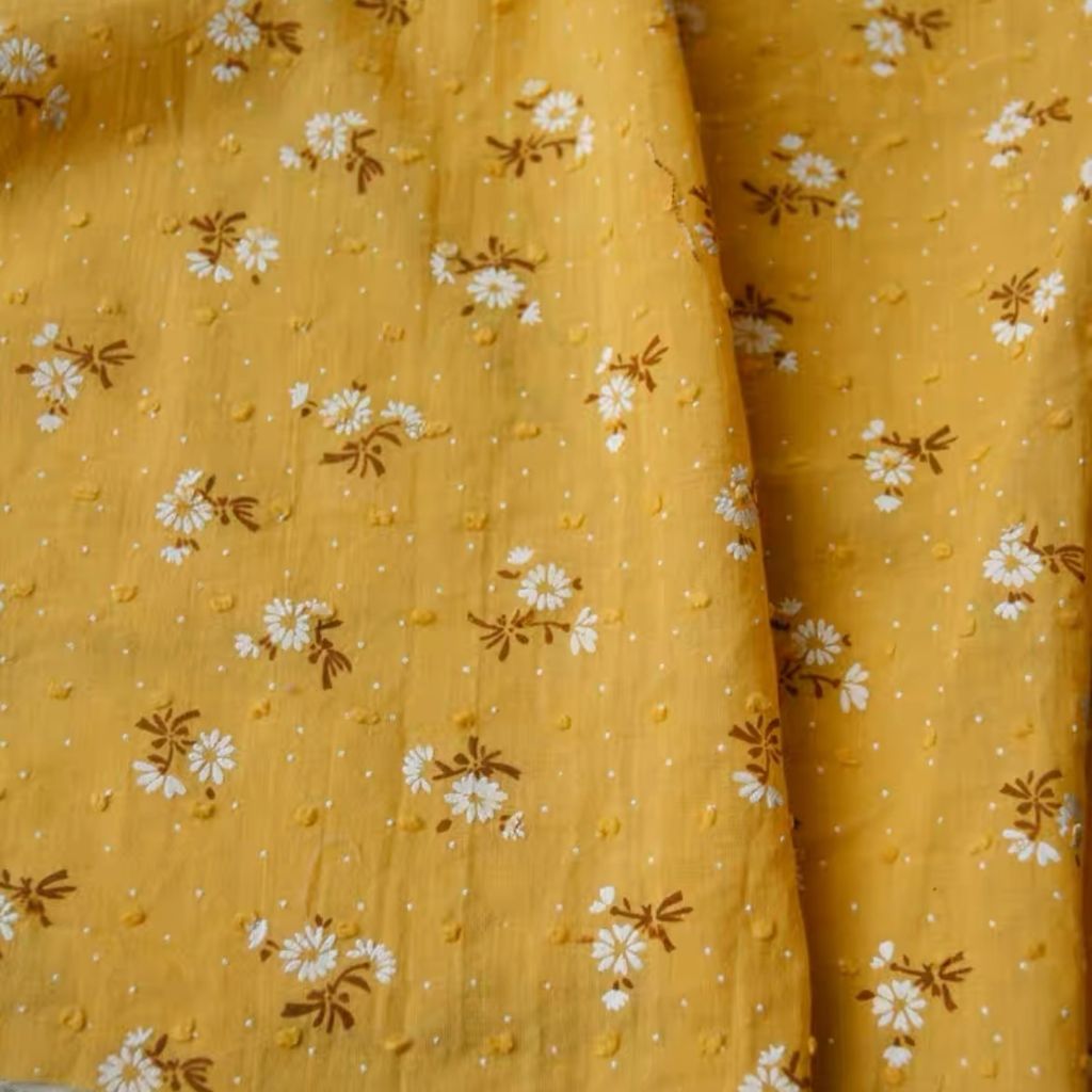 2M White Flower Mustard Yellow Textured Fine Cotton Fabric