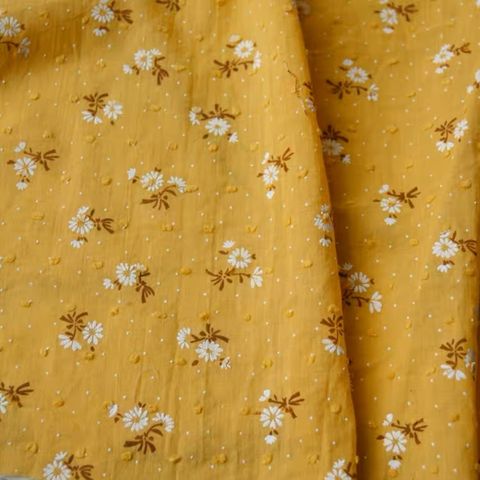 2M White Flower Mustard Yellow Textured Fine Cotton Fabric