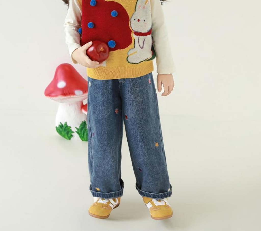 繽紛花朵刺繡寬鬆牛仔長褲_(80-140)-8