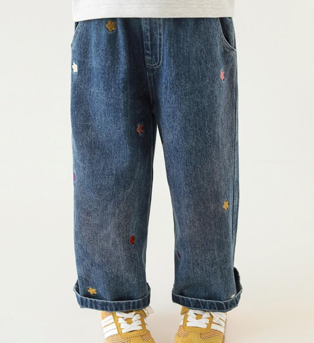 繽紛花朵刺繡寬鬆牛仔長褲_(80-140)-