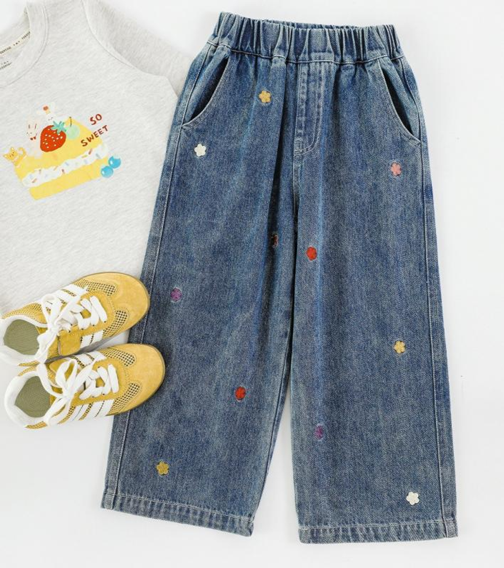 繽紛花朵刺繡寬鬆牛仔長褲_(80-140)-3