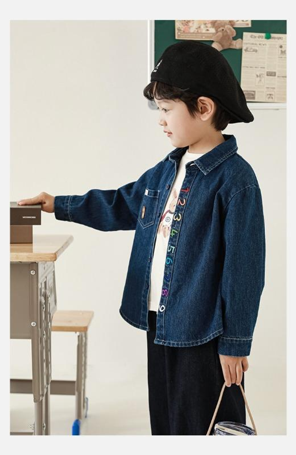 彩色刺繡數字小熊口袋牛仔襯衫_(80-140)-2