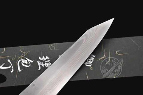 興隆刀剪行〕*初心不銹銀三鋼積層切付牛刀240mm一体黒檀/ 防滑漆塗八角柄/+