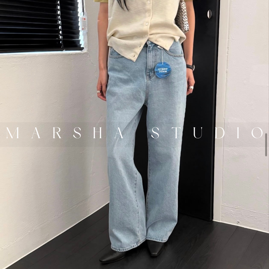 ❮韓國❯6CK37淺刷色高腰直筒寬褲牛仔長褲