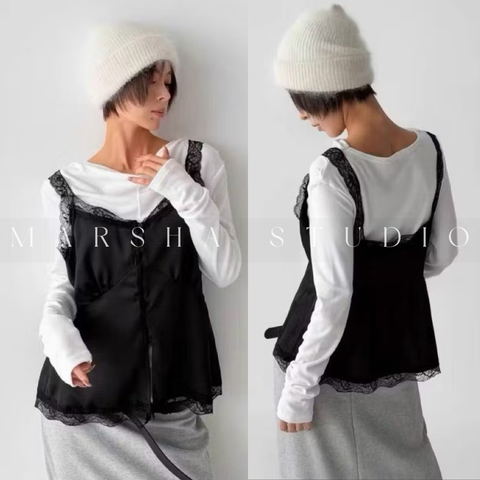 TOP｜Sleeveless_BUSTLING_緞面前開扣蕾絲細帶上衣 Polyester100% (3)拷貝