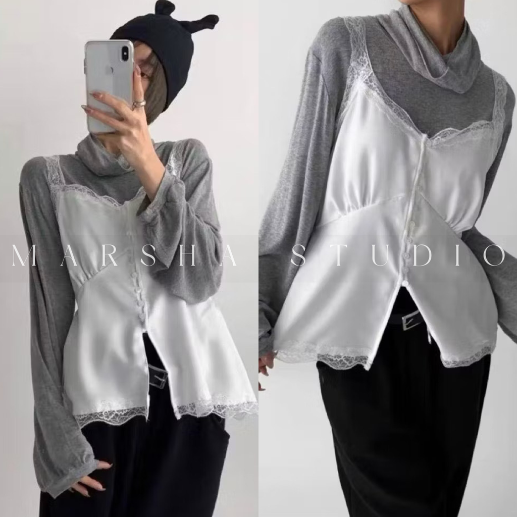 TOP｜Sleeveless_BUSTLING_緞面前開扣蕾絲細帶上衣 Polyester100% (2)拷貝