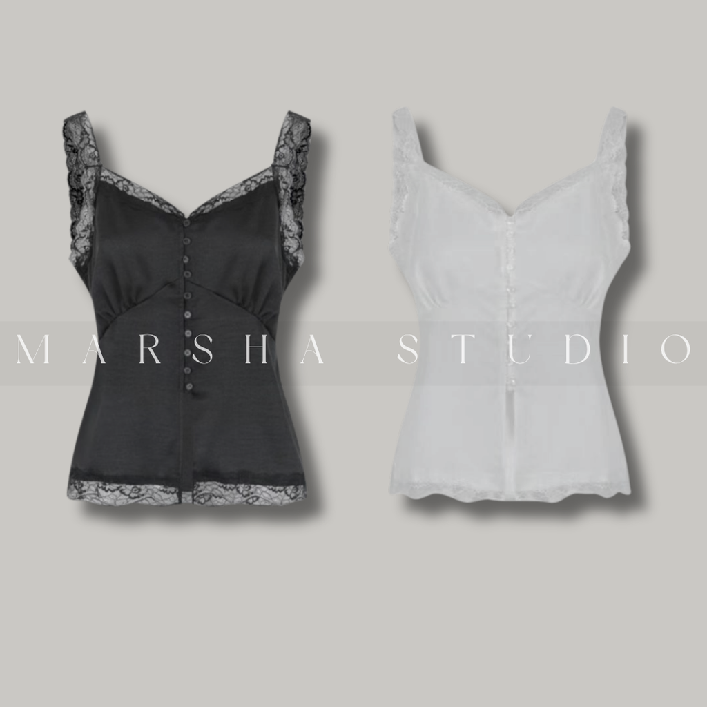 TOP｜Sleeveless_BUSTLING_緞面前開扣蕾絲細帶上衣 Polyester100%