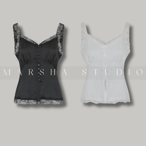 TOP｜Sleeveless_BUSTLING_緞面前開扣蕾絲細帶上衣 Polyester100%