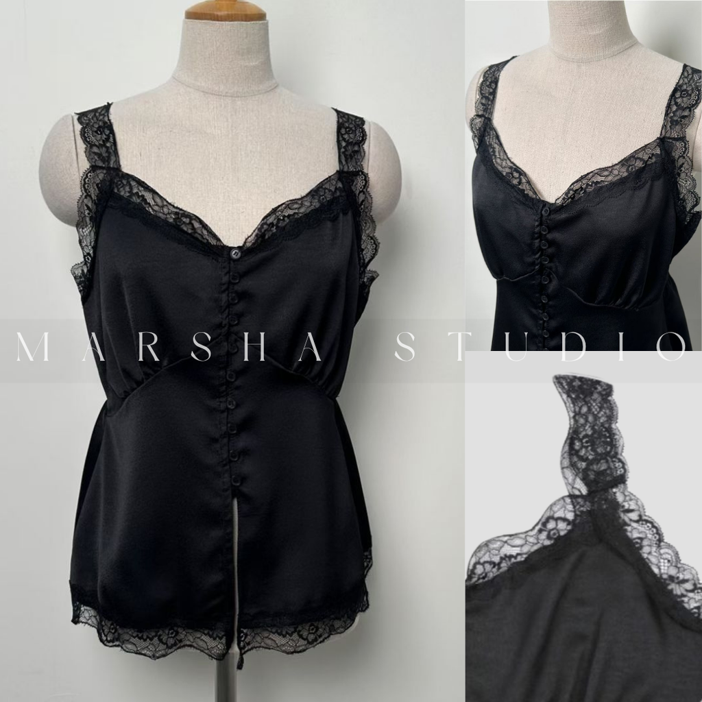 TOP｜Sleeveless_BUSTLING_緞面前開扣蕾絲細帶上衣 Polyester100% (2)