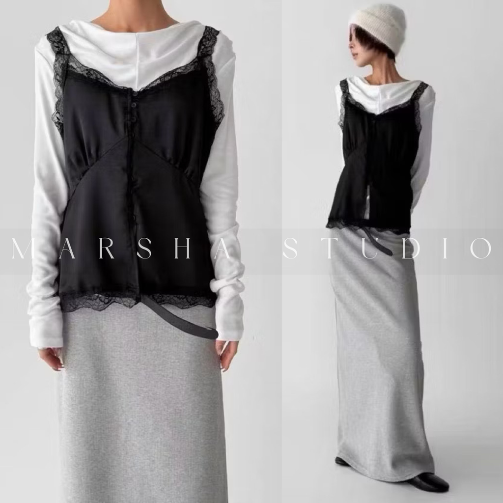 TOP｜Sleeveless_BUSTLING_緞面前開扣蕾絲細帶上衣 Polyester100% (4)拷貝