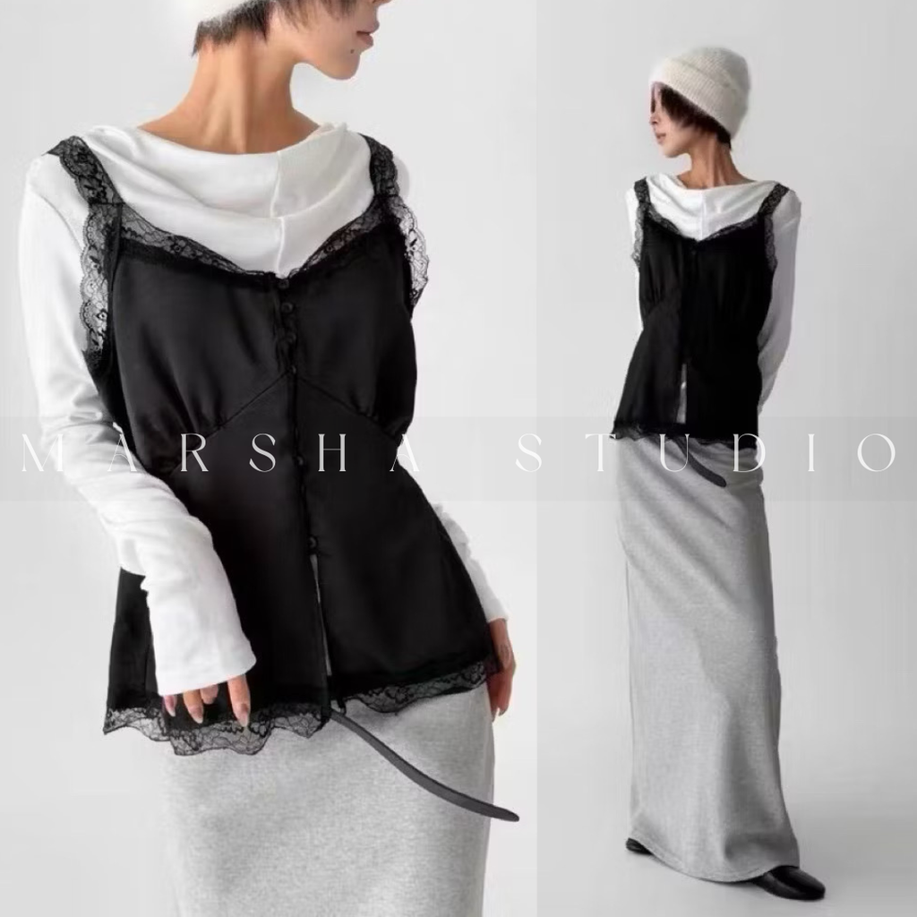 TOP｜Sleeveless_BUSTLING_緞面前開扣蕾絲細帶上衣 Polyester100%拷貝