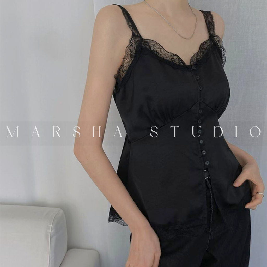 TOP｜Sleeveless_BUSTLING_緞面前開扣蕾絲細帶上衣 Polyester100% (7)