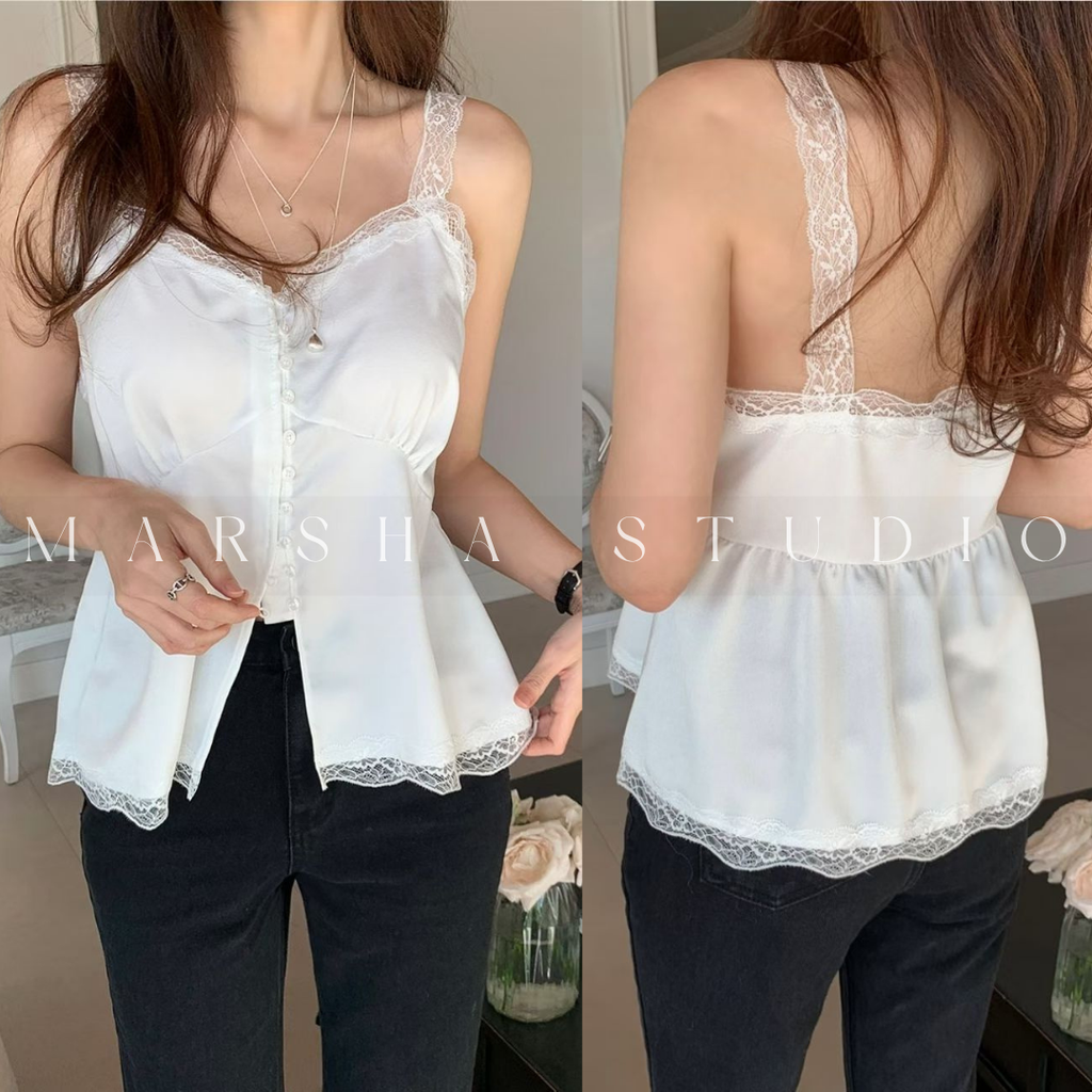 TOP｜Sleeveless_BUSTLING_緞面前開扣蕾絲細帶上衣 Polyester100% (3)