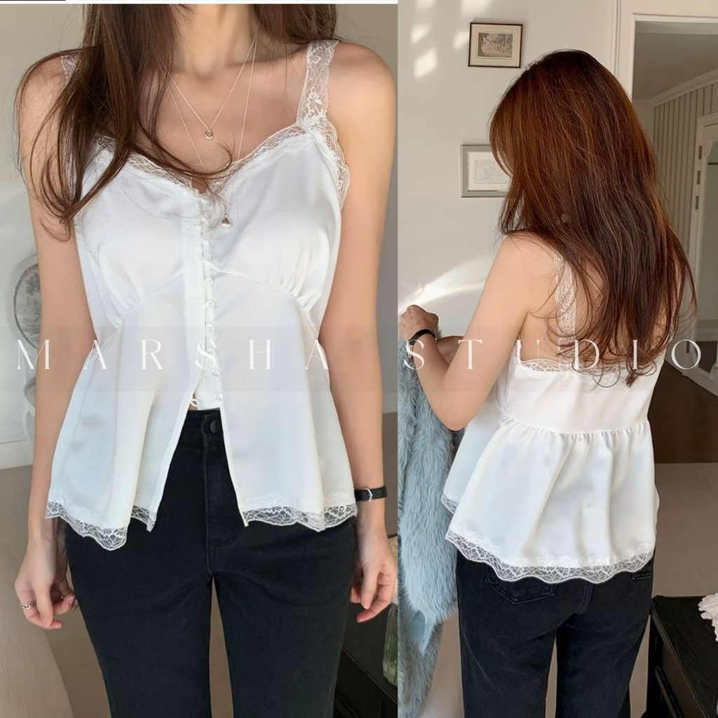 TOP｜Sleeveless_BUSTLING_緞面前開扣蕾絲細帶上衣 Polyester100% (5)