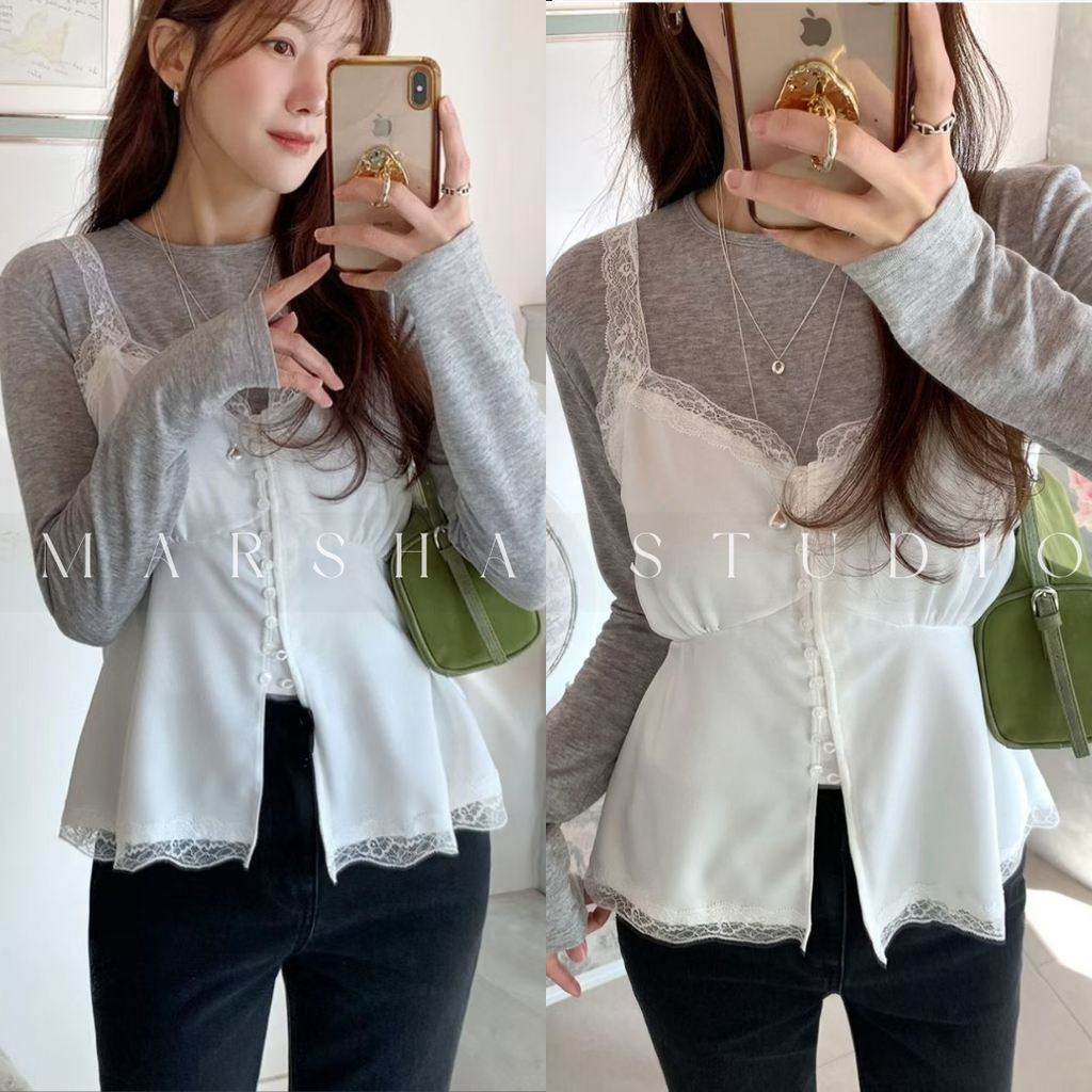 TOP｜Sleeveless_BUSTLING_緞面前開扣蕾絲細帶上衣 Polyester100% (4)