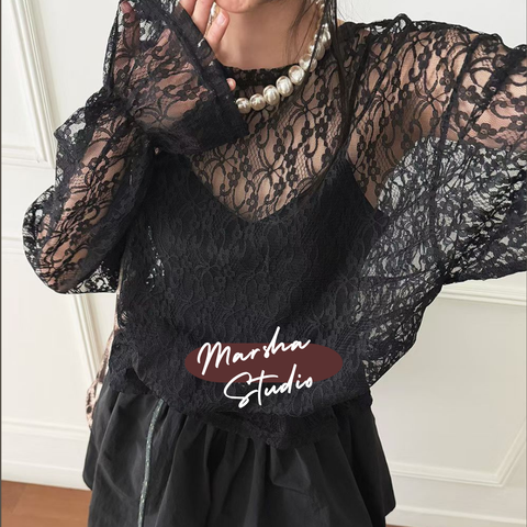 TOP｜Long_Judyque_網紗繡花荷葉袖口長袖上衣 (2)