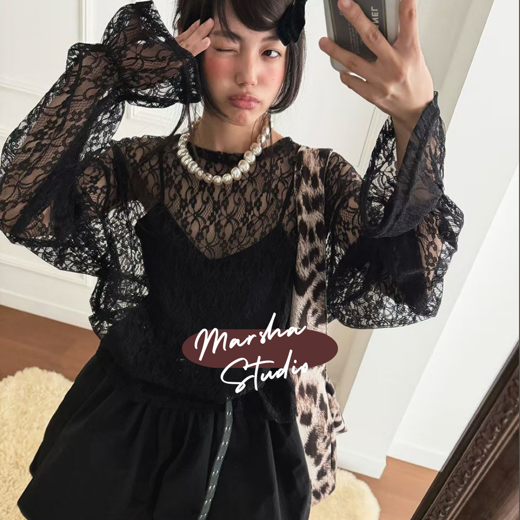 TOP｜Long_Judyque_網紗繡花荷葉袖口長袖上衣