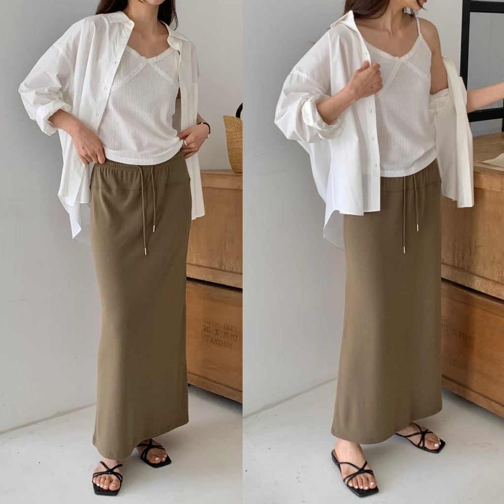 BOTTOM｜SKIRT｜Minimal｜寬版鬆緊腰棉長裙 Polyester62%、萊塞爾33%、Spandex5% (5)