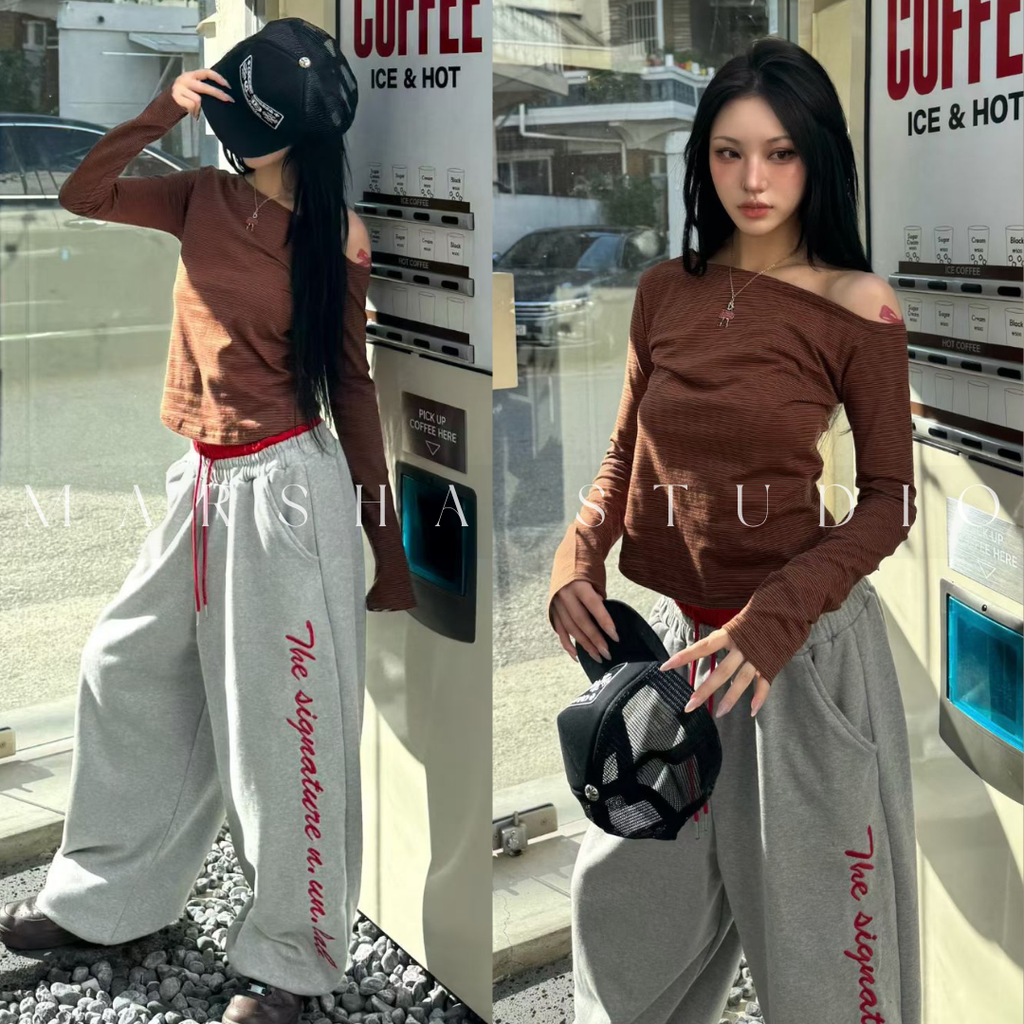 TOP｜LONG｜NUEUN｜細條紋斜肩長袖t恤 (3)