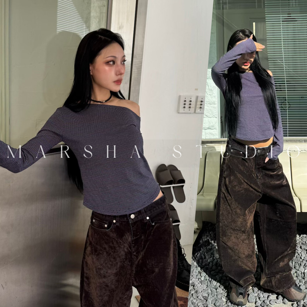 TOP｜LONG｜NUEUN｜細條紋斜肩長袖t恤 (8)