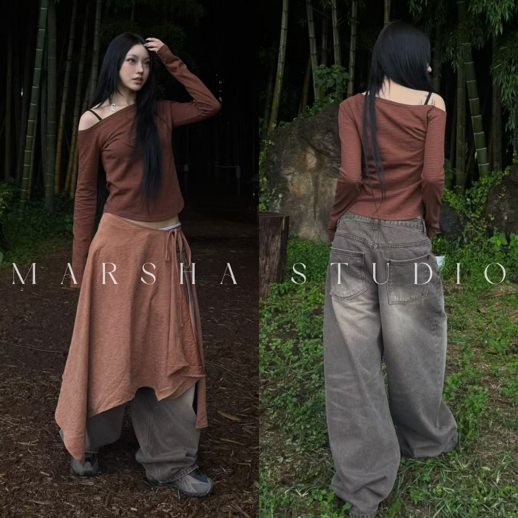 TOP｜LONG｜NUEUN｜細條紋斜肩長袖t恤 (14)